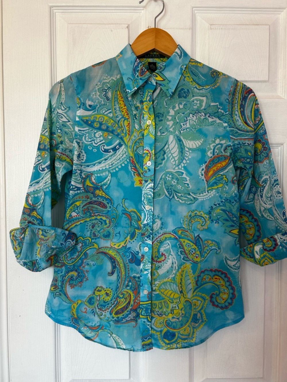 Ralph Lauren Aqua Paisley Button-Down Blouse